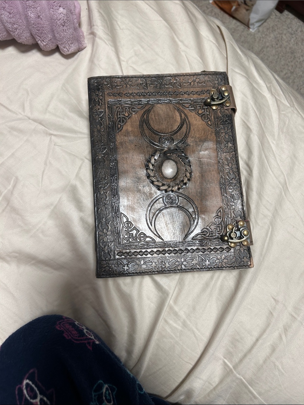 Ornate Triple Moon Leather Journal with Stone Accent